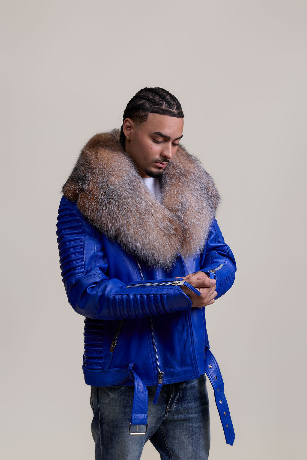 Men's Trey Biker Royal Blue Leather Full Fox Fur Collar [Crystal Fox]