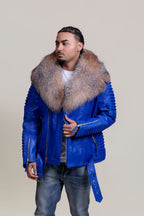 Men's Trey Biker Royal Blue Leather Full Fox Fur Collar [Crystal Fox]