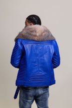 Men's Trey Biker Royal Blue Leather Full Fox Fur Collar [Crystal Fox]