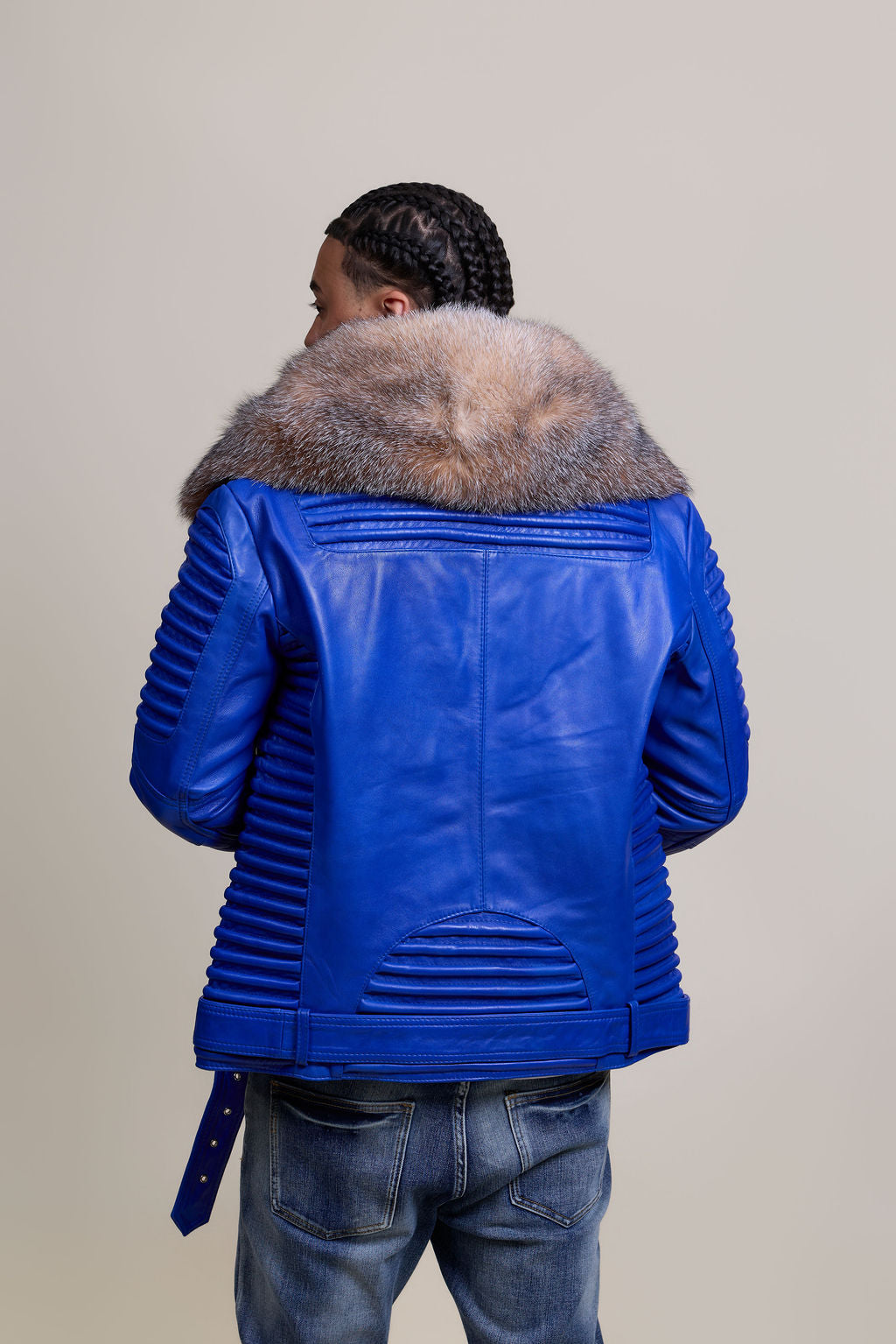 Men's Trey Biker Royal Blue Leather Full Fox Fur Collar [Crystal Fox]