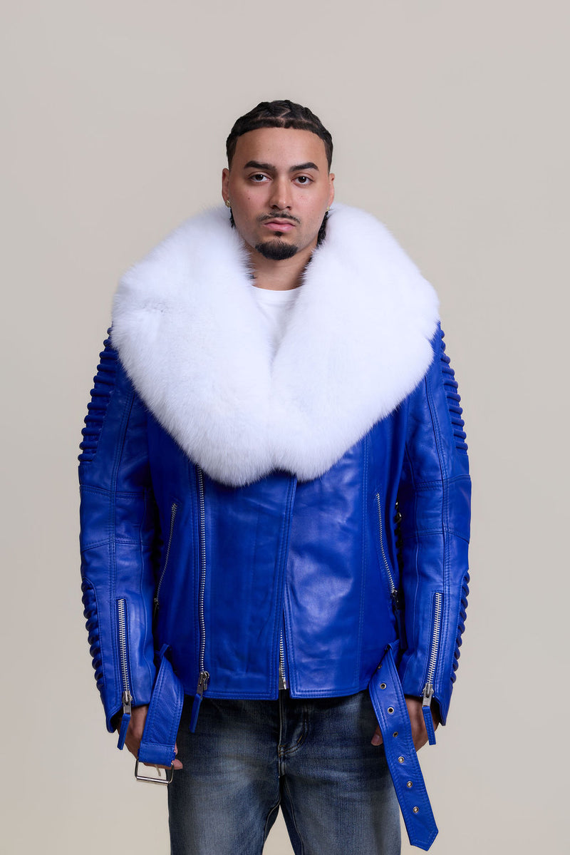 Men's Trey Biker Royal Blue Leather Full Fox Fur Collar [White Fox]