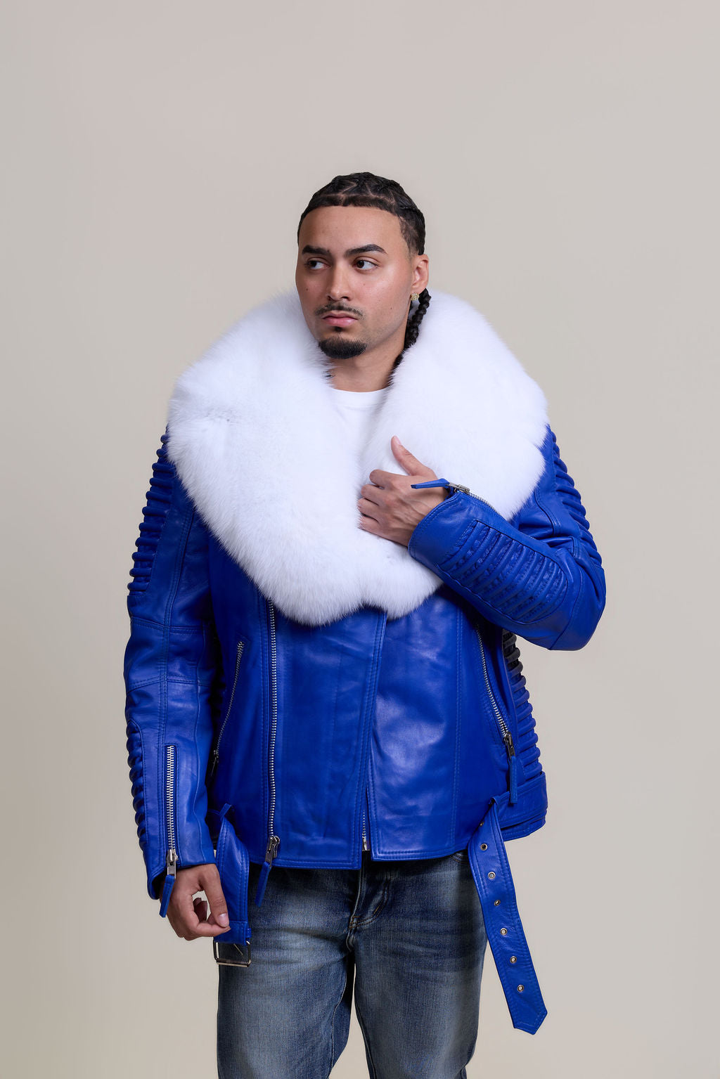 Men's Trey Biker Royal Blue Leather Full Fox Fur Collar [White Fox]