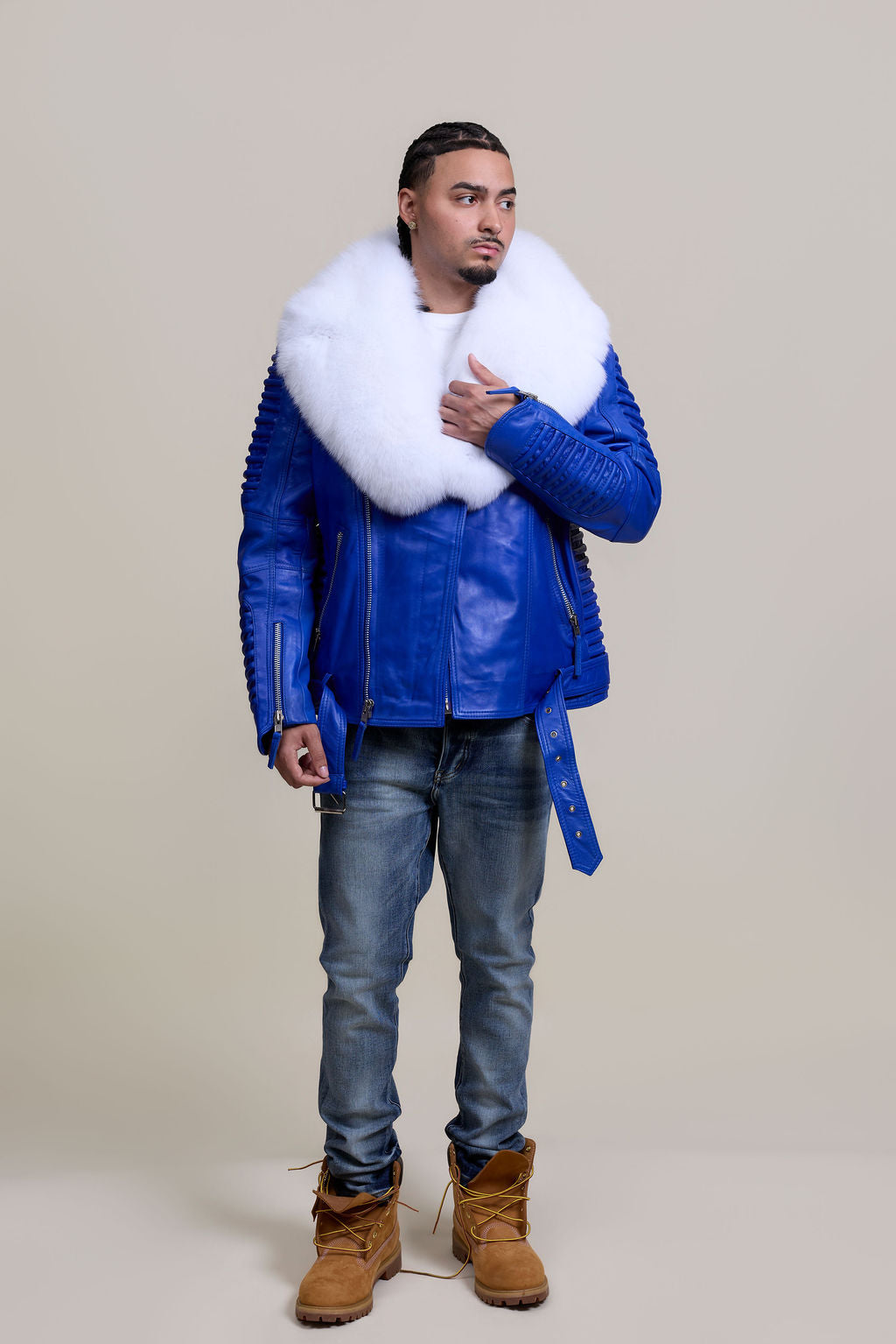 Men's Trey Biker Royal Blue Leather Full Fox Fur Collar [White Fox]