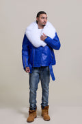 Men's Trey Biker Royal Blue Leather Full Fox Fur Collar [White Fox]
