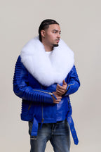 Men's Trey Biker Royal Blue Leather Full Fox Fur Collar [White Fox]