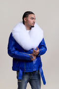 Men's Trey Biker Royal Blue Leather Full Fox Fur Collar [White Fox]