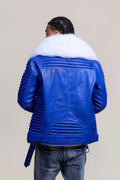 Men's Trey Biker Royal Blue Leather Full Fox Fur Collar [White Fox]