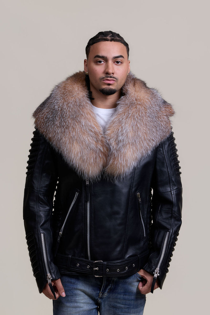 Men's Trey Biker Black Leather Full Fox Fur Collar [Crystal Fox]