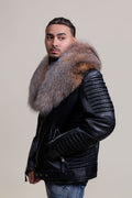 Men's Trey Biker Black Leather Full Fox Fur Collar [Crystal Fox]