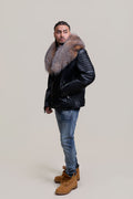 Men's Trey Biker Black Leather Full Fox Fur Collar [Crystal Fox]