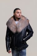 Men's Trey Biker Black Leather Full Fox Fur Collar [Crystal Fox]