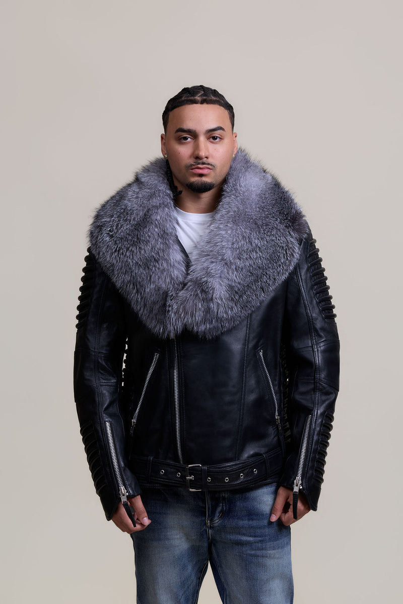 Men's Trey Biker Black Leather Full Fox Fur Collar [Silver Fox]