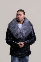 Men's Trey Biker Black Leather Full Fox Fur Collar [Silver Fox]
