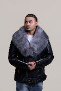 Men's Trey Biker Black Leather Full Fox Fur Collar [Silver Fox]