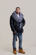 Men's Trey Biker Black Leather Full Fox Fur Collar [Silver Fox]
