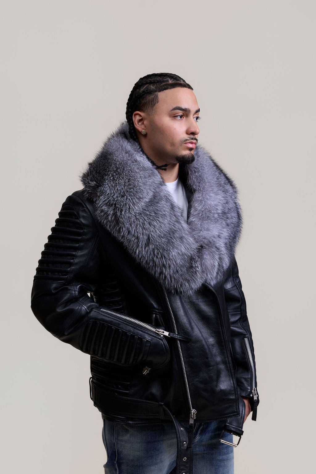 Men's Trey Biker Black Leather Full Fox Fur Collar [Silver Fox]