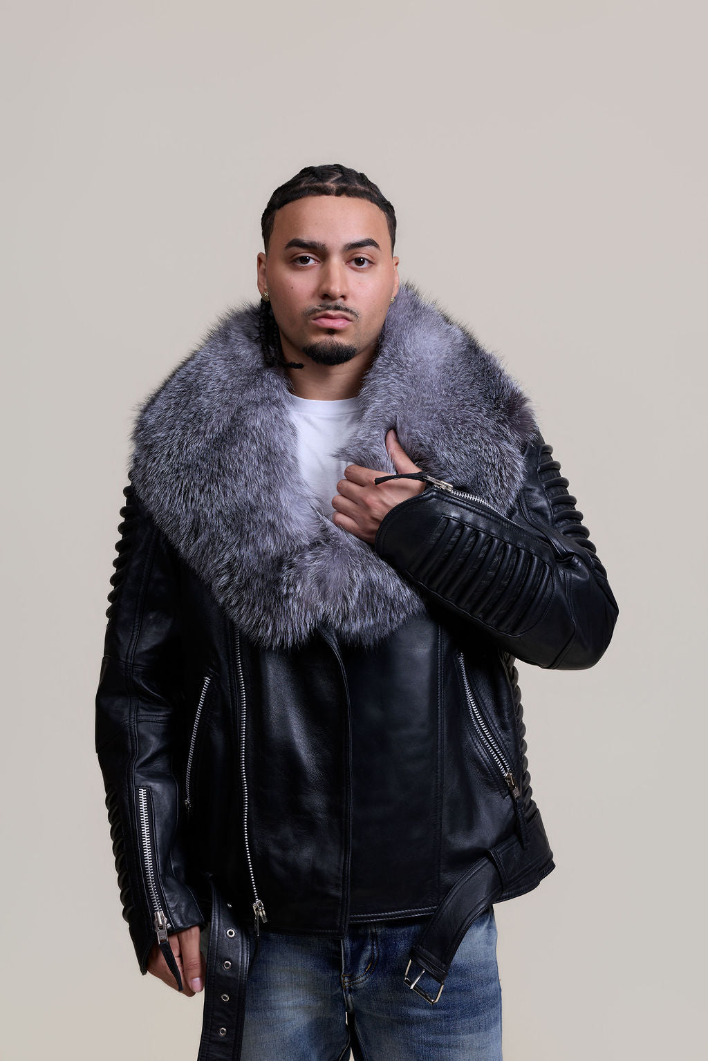 Men's Trey Biker Black Leather Full Fox Fur Collar [Silver Fox]