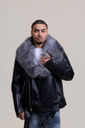 Men's Trey Biker Black Leather Full Fox Fur Collar [Silver Fox]
