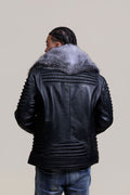 Men's Trey Biker Black Leather Full Fox Fur Collar [Silver Fox]