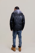 Men's Trey Biker Black Leather Full Fox Fur Collar [Silver Fox]