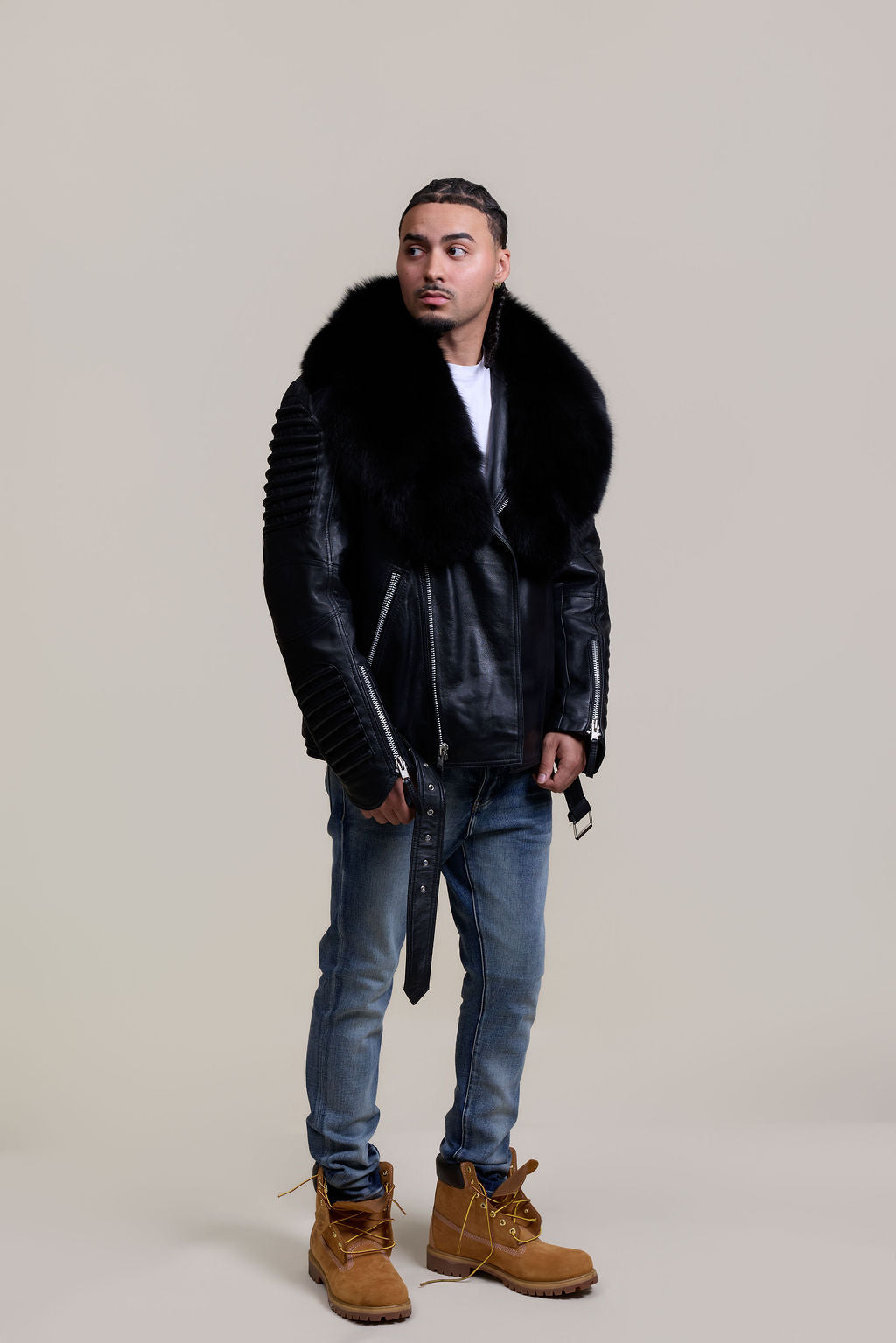 Men's Trey Biker Black Full Fox Fur Collar [Black Fox]