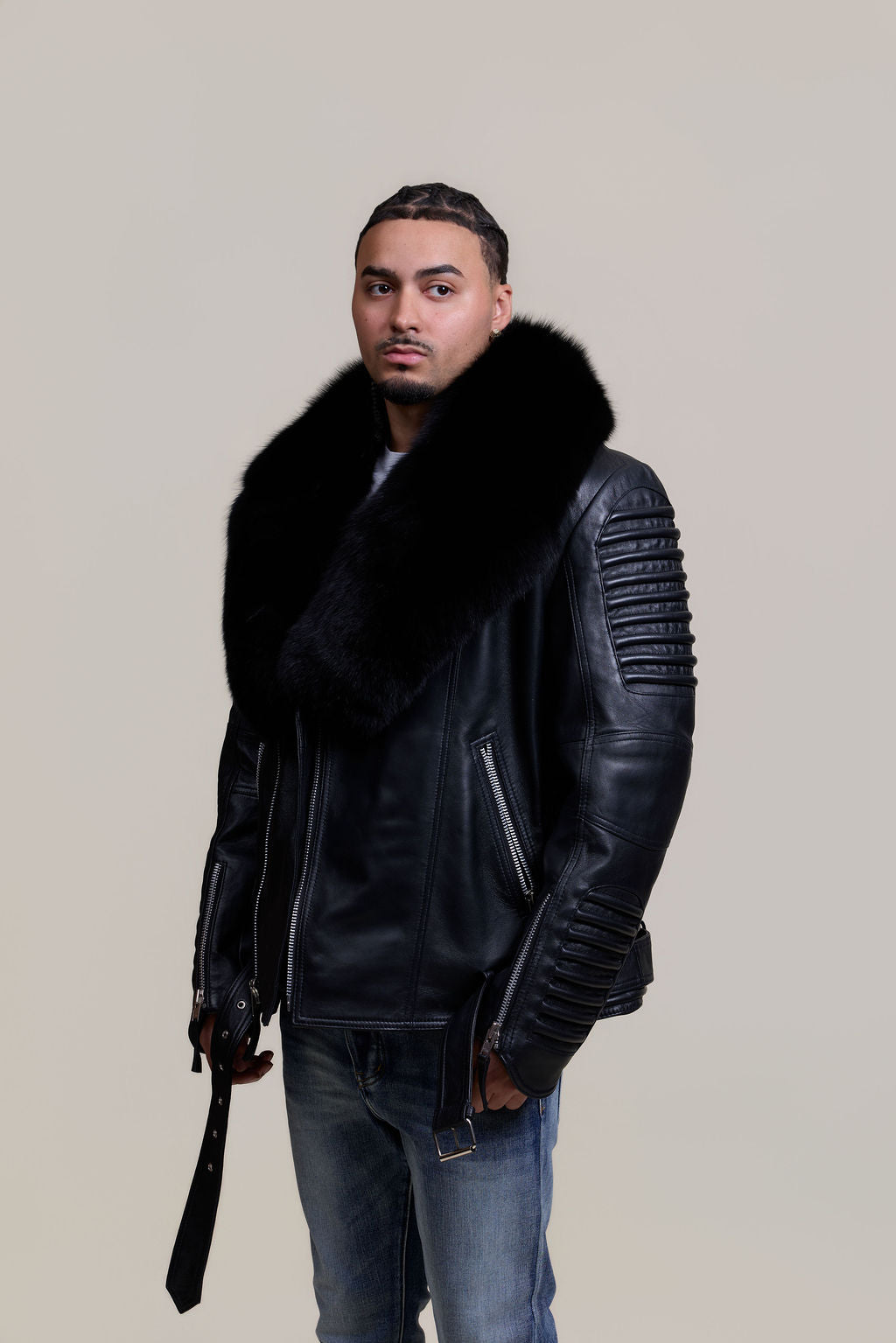 Men's Trey Biker Black Full Fox Fur Collar [Black Fox]
