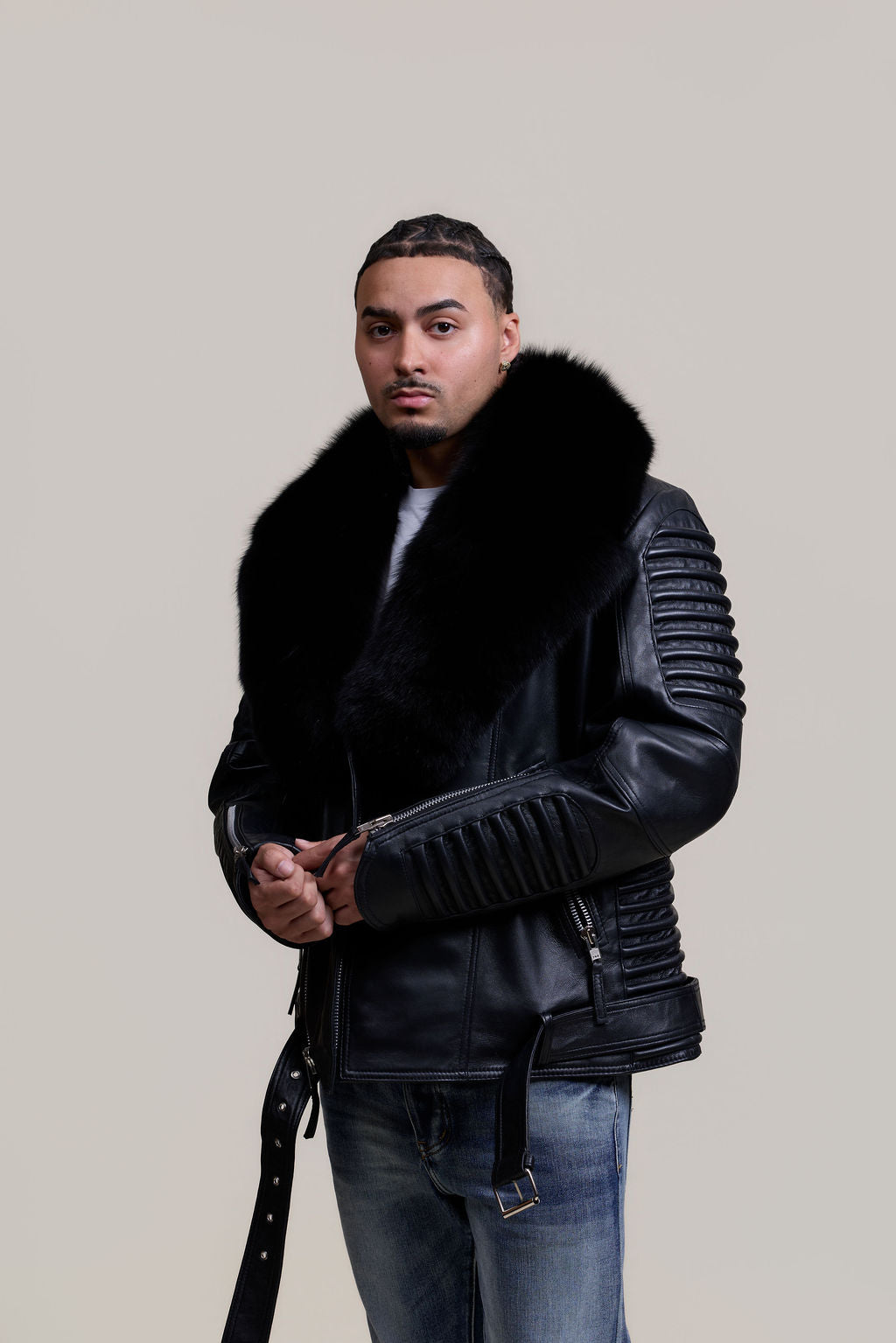 Men's Trey Biker Black Full Fox Fur Collar [Black Fox]