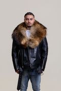 Men's Trey Biker Black Leather Full Fox Fur Collar [Raccoon Fur]
