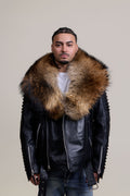 Men's Trey Biker Black Leather Full Fox Fur Collar [Raccoon Fur]