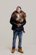 Men's Trey Biker Black Leather Full Fox Fur Collar [Raccoon Fur]