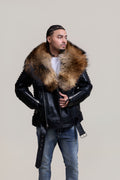 Men's Trey Biker Black Leather Full Fox Fur Collar [Raccoon Fur]