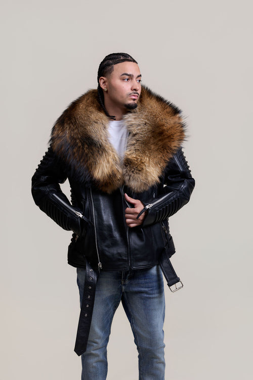 Men's Trey Biker Black Leather Full Fox Fur Collar [Raccoon Fur]