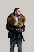 Men's Trey Biker Black Leather Full Fox Fur Collar [Raccoon Fur]
