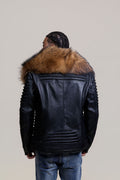 Men's Trey Biker Black Leather Full Fox Fur Collar [Raccoon Fur]