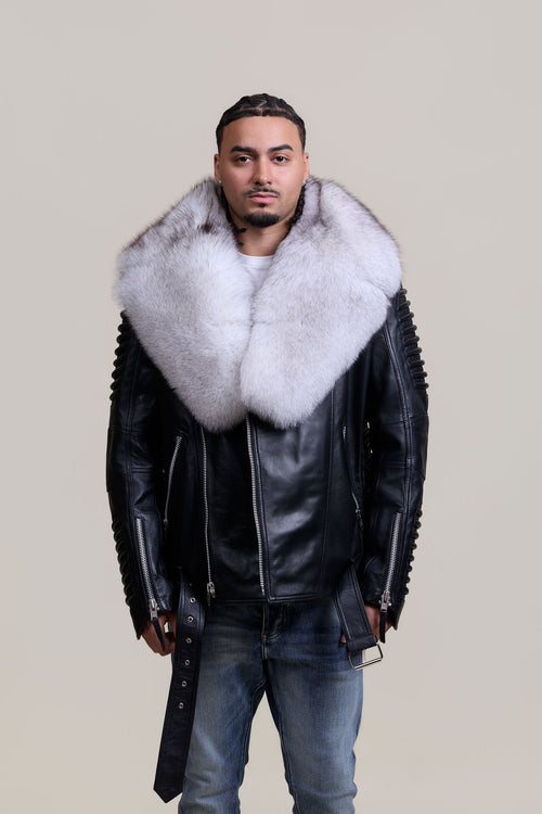 Men's Trey Biker Black Leather Full Fox Fur Collar [Natural White Fox]