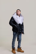 Men's Trey Biker Black Leather Full Fox Fur Collar [Natural White Fox]