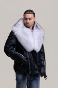 Men's Trey Biker Black Leather Full Fox Fur Collar [Natural White Fox]