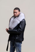 Men's Trey Biker Black Leather Full Fox Fur Collar [Natural White Fox]