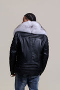 Men's Trey Biker Black Leather Full Fox Fur Collar [Natural White Fox]