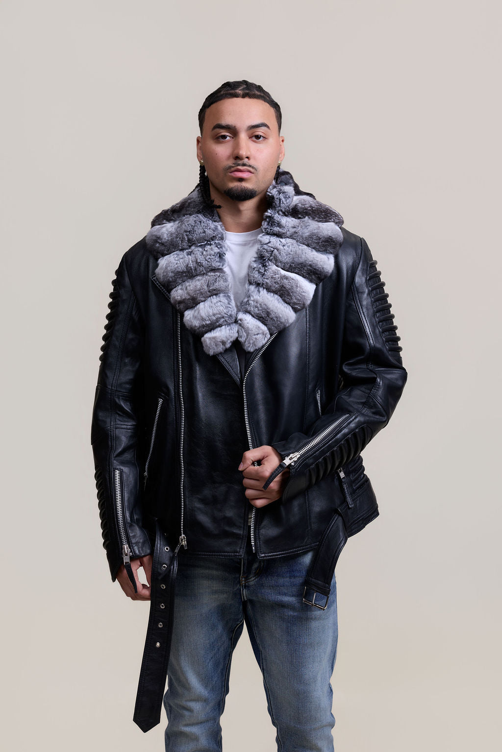 Men's Trey Biker With Real Chinchilla Fur Collar [Black]