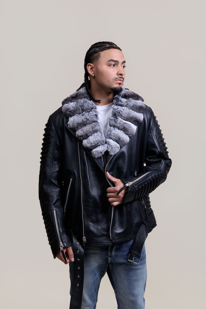 Men's Trey Biker With Real Chinchilla Fur Collar [Black]