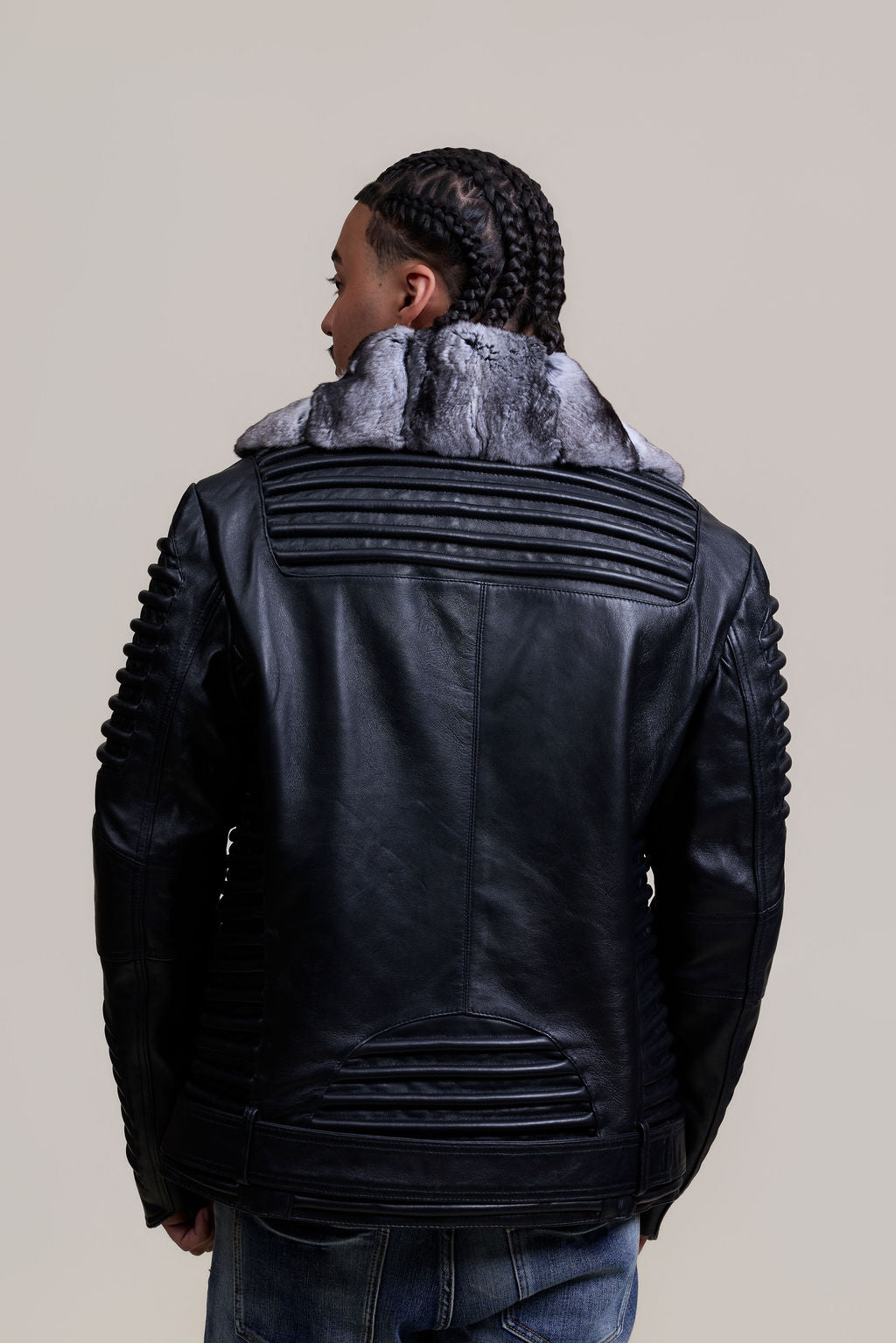 Men's Trey Biker With Real Chinchilla Fur Collar [Black]