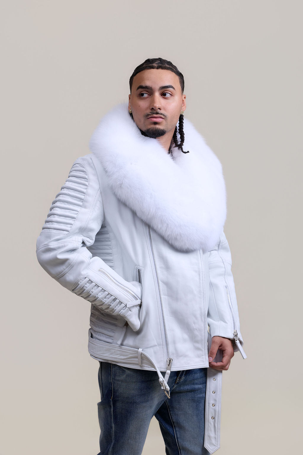 Men's Trey Biker Full Fox Fur Collar [Pure White]