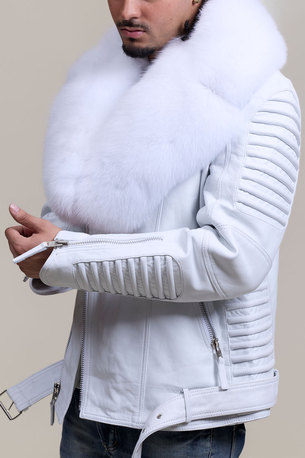 Men's Trey Biker Full Fox Fur Collar [Pure White]