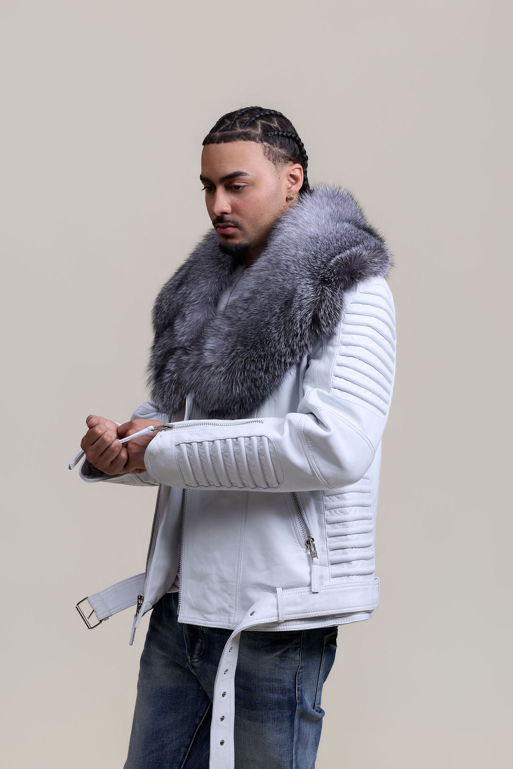 Men's Trey Biker Full Fox Fur Collar [Silver Fox]