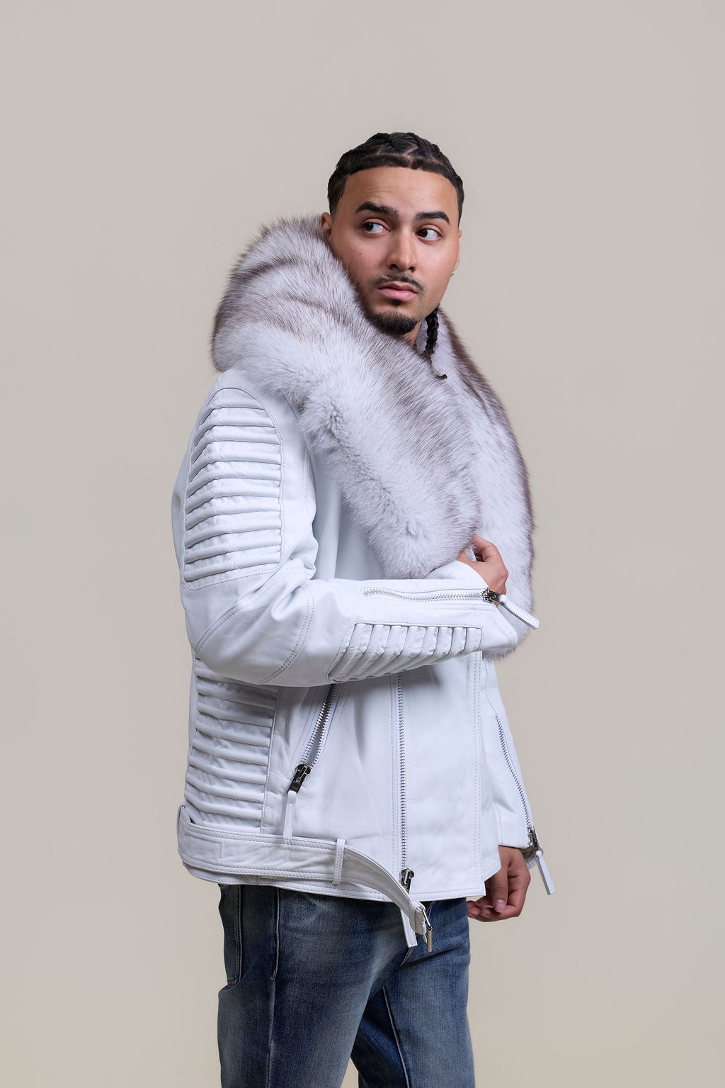Men's Trey Biker Full Fox Fur Collar [Natural White Fox]