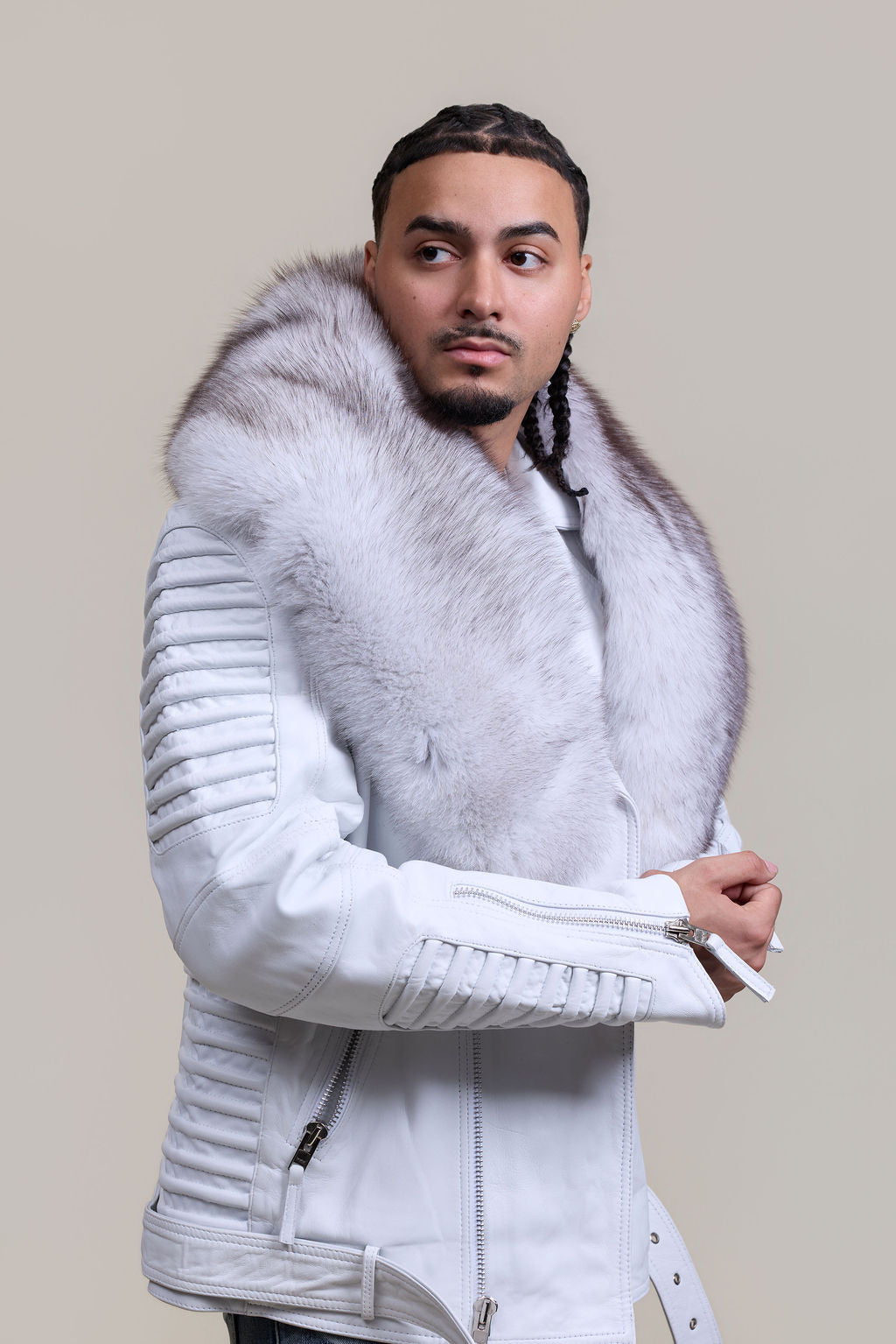 Men's Trey Biker Full Fox Fur Collar [Natural White Fox]