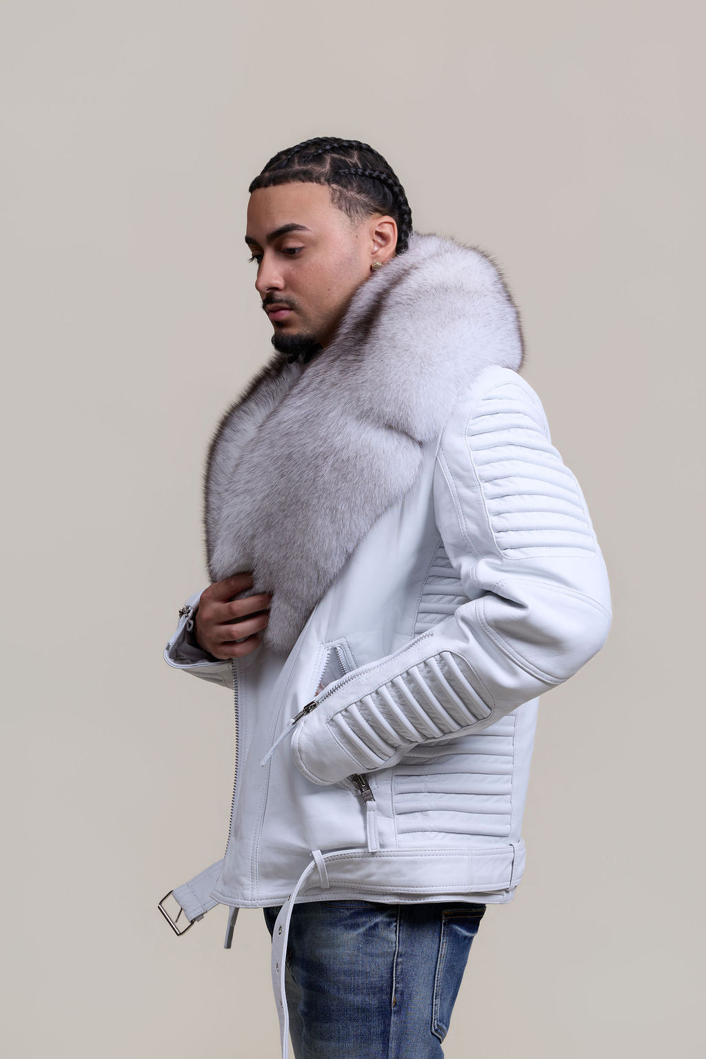Men's Trey Biker Full Fox Fur Collar [Natural White Fox]