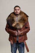 Men's Trey Biker Caramel Crunch Leather Full Raccoon Fur Collar