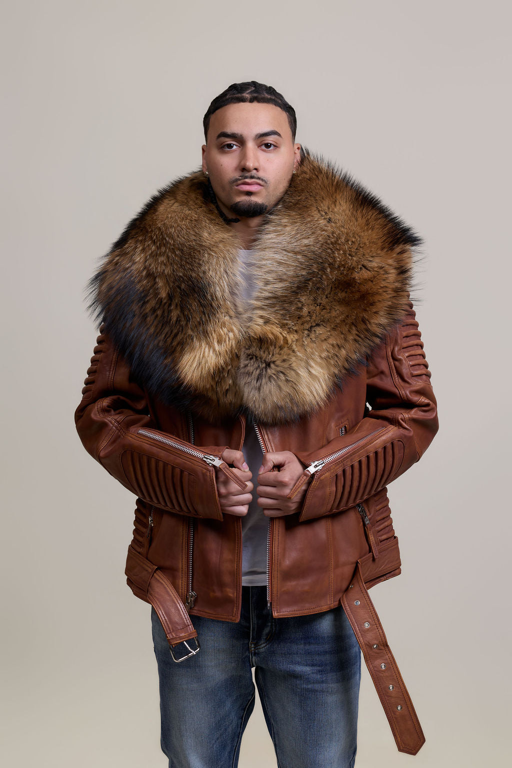 Men's Trey Biker Caramel Crunch Leather Full Raccoon Fur Collar
